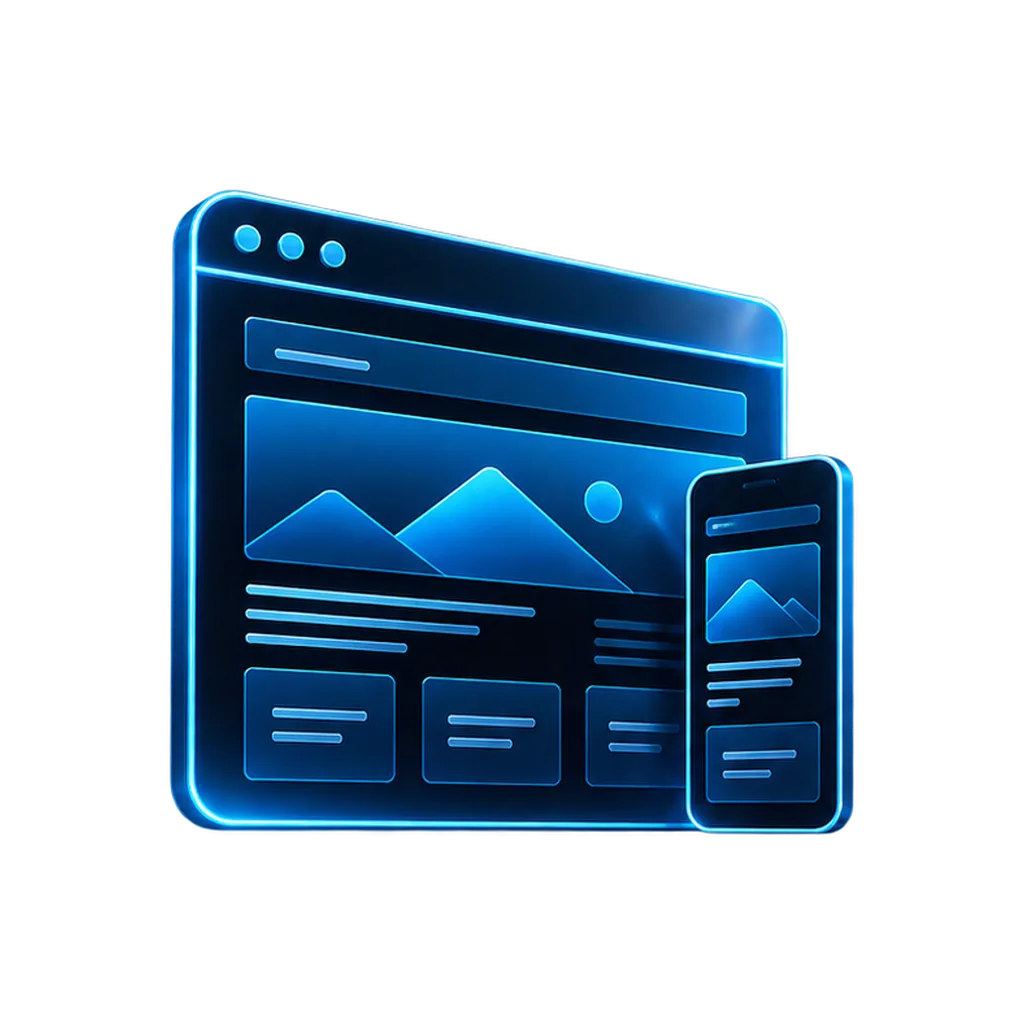 Cyanblaue Illustration eines Browserfensters und Smartphones für Webdesign.