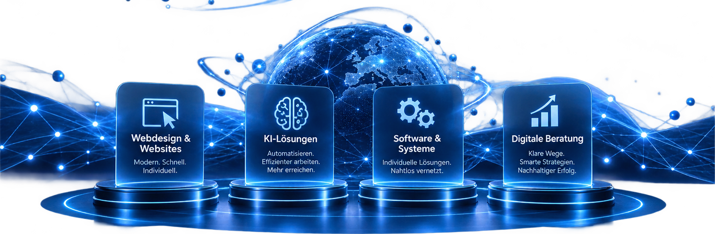 Vier leuchtende Tafeln auf einem Podium: Webdesign & Websites, KI-Lösungen, Software & Systeme, Digitale Beratung