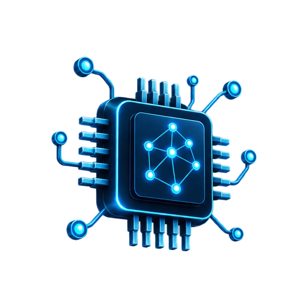 Cyanblaue Illustration eines Mikrochips mit vernetzten Knoten für KI-Lösungen.